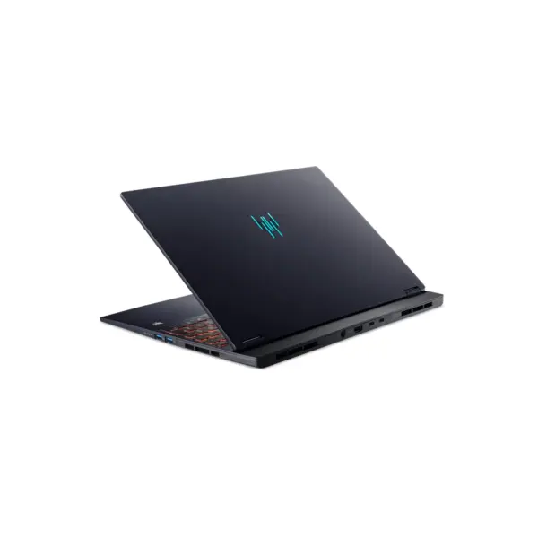 Acer Predator Helios Neo 16S AI rear chassis angle showing RGB keyboard glow and Predator logo