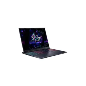 Acer Predator Helios Neo 16S AI front left angle showing 16 inch OLED display and RGB keyboard