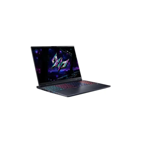 Acer Predator Helios Neo 16S AI front left angle showing 16 inch OLED display and RGB keyboard