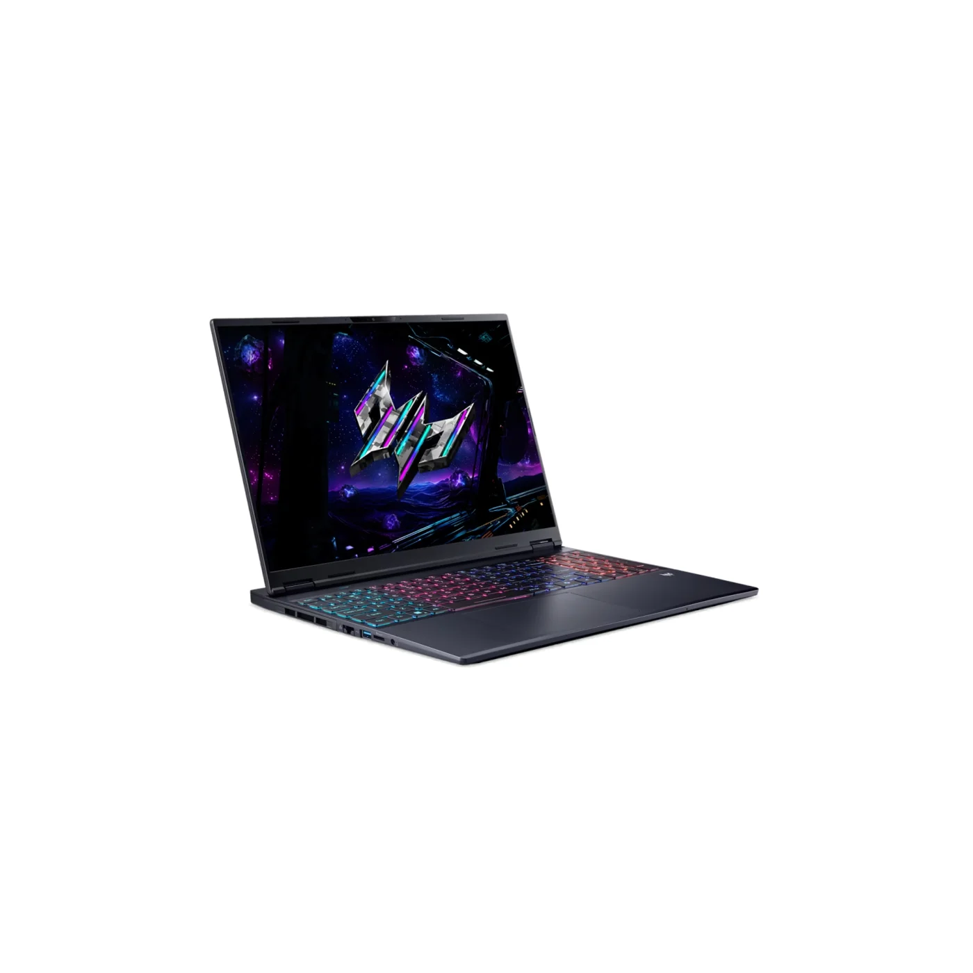 Acer Predator Helios Neo 16S AI front left angle showing 16 inch OLED display and RGB keyboard