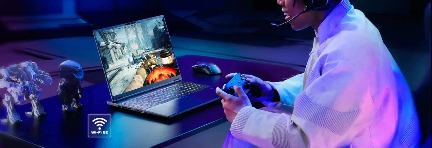 Acer Predator Helios Neo 16S AI gaming laptop with Wi-Fi 6E connectivity shown during active gaming session