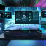 Acer Predator Helios Neo 16S AI gaming laptop showing PredatorSense AI dashboard and multi-screen gaming setup
