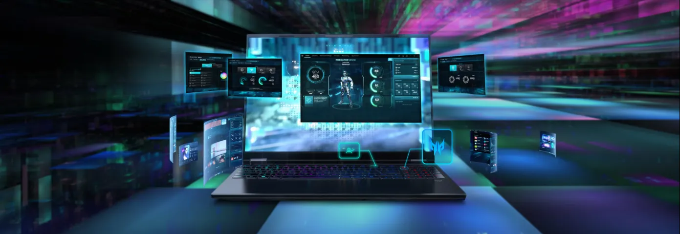 Acer Predator Helios Neo 16S AI gaming laptop showing PredatorSense AI dashboard and multi-screen gaming setup