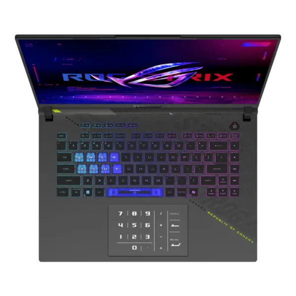 ROG Strix G16 Gaming Laptop Keyboard and Touchpad View comes with 16-inch FHD+ 16:10 (1920 x 1200, WUXGA) IPS-level Anti-glare(AG) display sRGB: 100% Refresh Rate: 165Hz Response Time: 3ms G-Sync MUX Switch + NVIDIA® Advanced Optimus