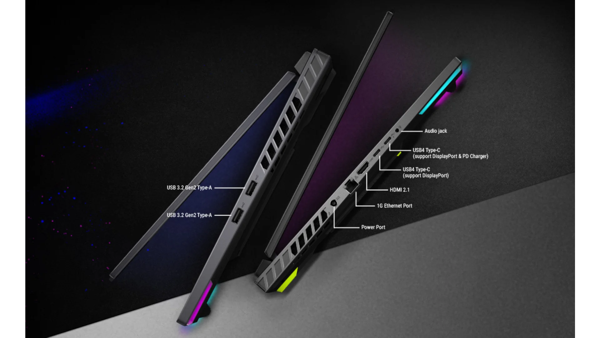 ROG Strix G16 AMD Ryzen 9 Gaming Laptop Picture showing Left and Right Sides Showing Infographics for Ports and connectors etc.
