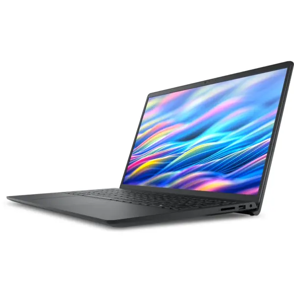 Dell Inspiron 15 DC15250 laptop angled view from right showing slim design, narrow bezels, and colorful display — Carbon Black