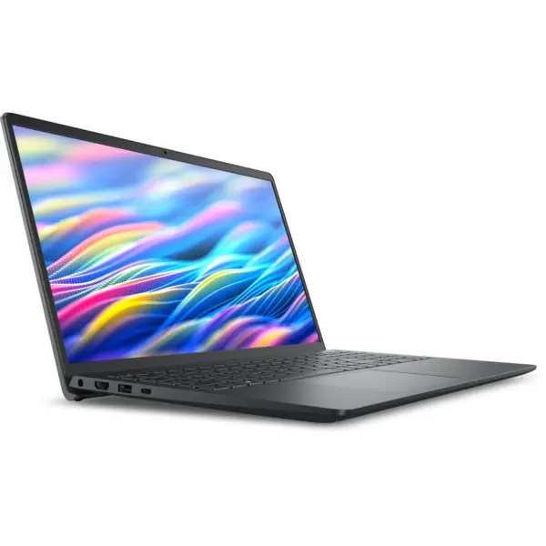 Dell Inspiron 15 DC15250 15.6-inch laptop open at angle showing full keyboard, slim profile, and vibrant FHD display — Carbon Black