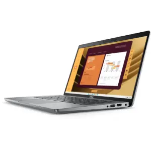 Right Side view of Latitude 5450 business Laptop Titan Gray showing 1. Universal Audio Jack 2. USB-A 3.2 Gen1 with PowerShare 3. HDMI 2.1 4. Wedge Shaped Lock Slot