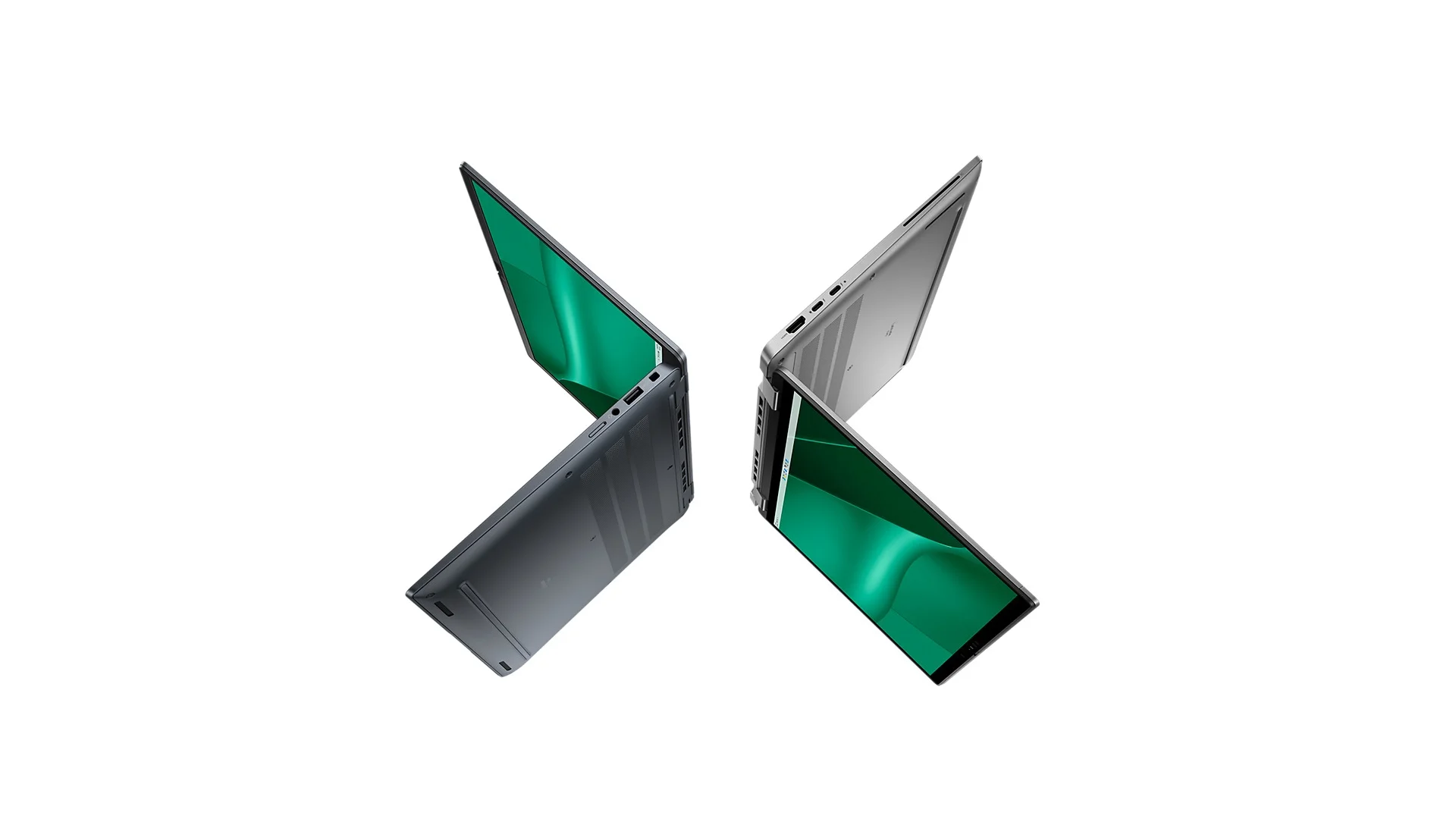 Dell Latitude 7450 shown in two color variants open at various angles