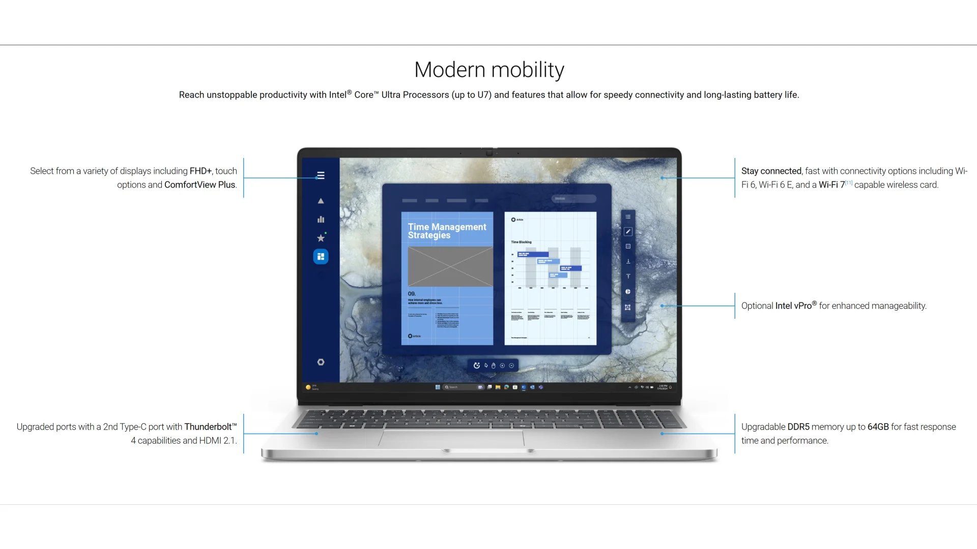 Dell Pro 16 PC16250 16-Inch Business Series Laptop Picture highlighted with main Key Features
