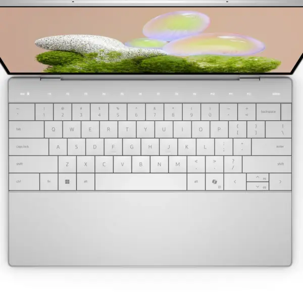 XPS 13 9350 Laptop (2024), Intel Core Ultra 7 256V Keyboard layout view with haptic touchpad provides precise responsive feedback and 2K InfinityEdge Display