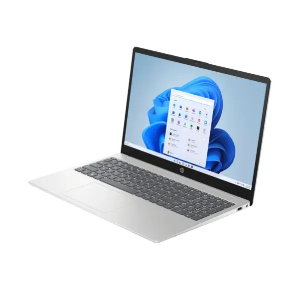 Full-size keyboard and precision touchpad of HP 15-fc0146dx laptop in natural silver