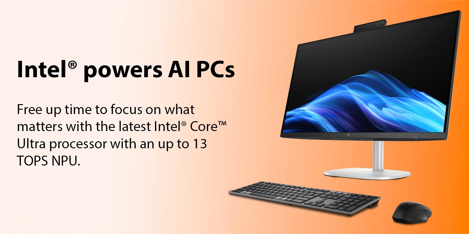 HP EliteStudio 8 G1i All-in-One AI PC promotional banner showcasing Intel Core Ultra processor features with wireless keyboard and mouse on an orange background.