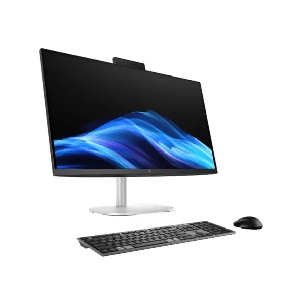 Left perspective view of HP EliteStudio 8 G1i 27-inch All-in-One PC setup including the display monitor, dark wireless keyboard, and mouse.