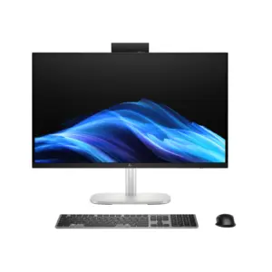 Front view of HP EliteStudio 8 G1i All-in-One PC featuring a 27-inch display screen with a sleek wireless keyboard and mouse centered below.