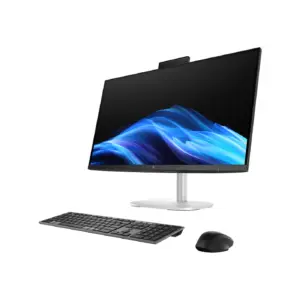 Right perspective view of HP EliteStudio 8 G1i 27-inch All-in-One PC with a sleek blue wave display, matching wireless keyboard, and mouse.