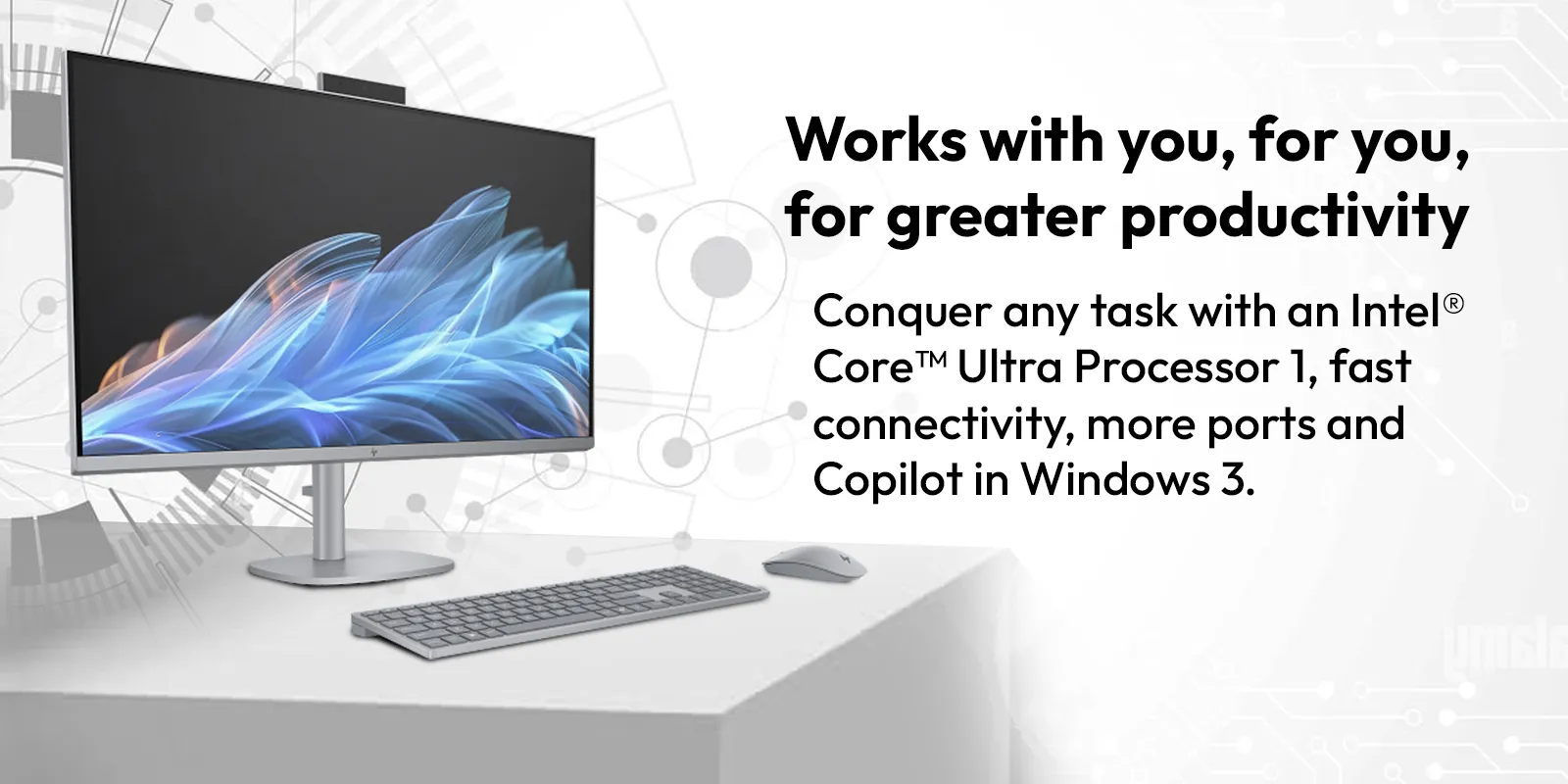 HP OmniStudio X 32 All-in-One Desktop PC showcasing its 31.5-inch 4K UHD display, wireless keyboard, and mouse on a clean workspace background.