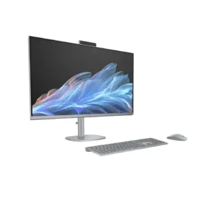 Left perspective view of HP OmniStudio X 32 All-in-One PC on a black background, showing the vibrant blue wave wallpaper, slim bezel display, and wireless keyboard setup.