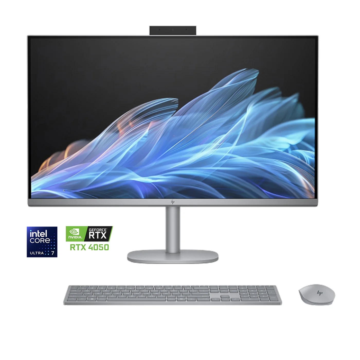 Front view of HP OmniStudio X 32 All-in-One PC with Intel Core Ultra 7 and NVIDIA GeForce RTX 4050 badges, including wireless keyboard and mouse on a white background.