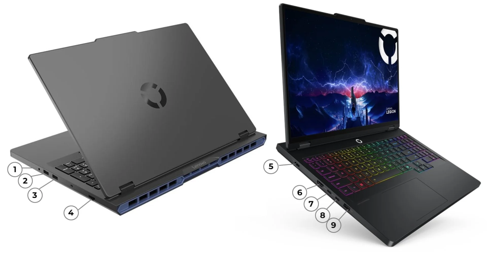 Lenovo Legion 5 16IAX10 gaming laptop rear and front view showing RGB keyboard and port layout