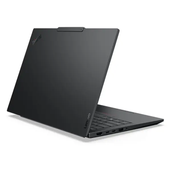 Left rear three-quarter perspective view of the Lenovo ThinkPad E14 Gen 7 laptop showing the sleek matte black outer lid with the ThinkPad logo and left-side I/O ports.