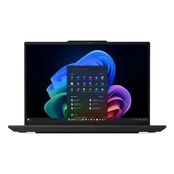 Straight front view of the open Lenovo ThinkPad E14 Gen 7 14-inch laptop displaying the WUXGA IPS screen with the Windows 11 interface and central start menu.