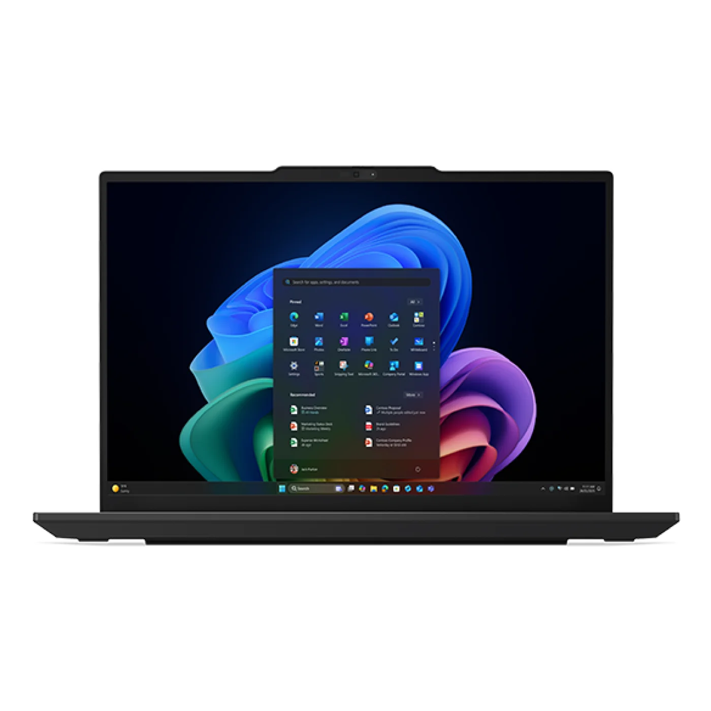Straight front view of the open Lenovo ThinkPad E14 Gen 7 14-inch laptop displaying the WUXGA IPS screen with the Windows 11 interface and central start menu.