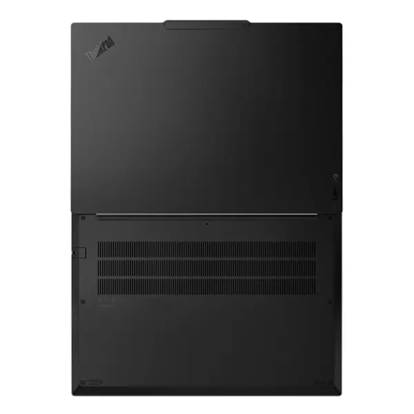 Top-down view of the Lenovo ThinkPad E14 Gen 7 business laptop laid completely flat at 180 degrees, showcasing the outer lid panel and the bottom chassis cooling vents.