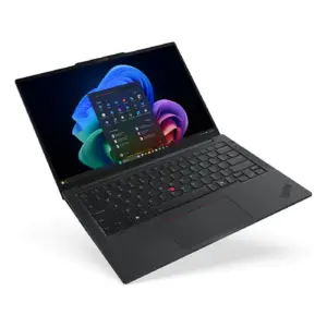 Angled floating view of the open Lenovo ThinkPad E14 Gen 7 laptop, highlighting the English keyboard, iconic red TrackPoint, large trackpad, and vibrant 14-inch display.