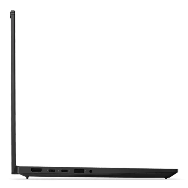 Left side horizontal profile view of the Lenovo ThinkPad E14 Gen 7 laptop highlighting its thin design, HDMI port, dual USB-C Thunderbolt ports, USB-A, and audio jack.
