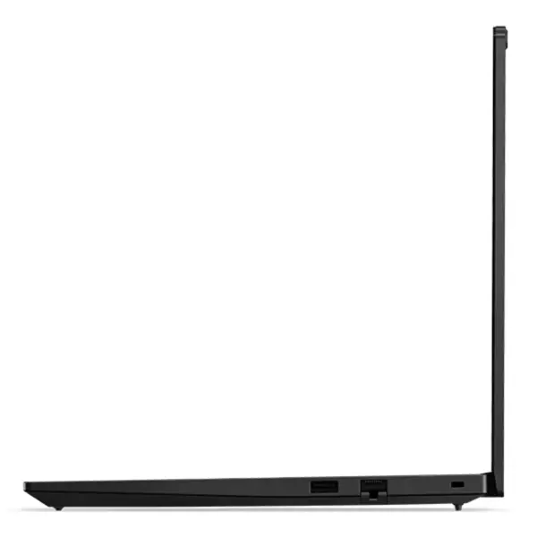 Right side horizontal profile view of the Lenovo ThinkPad E14 Gen 7 laptop showcasing the slim screen bezel, USB-A port, RJ45 Ethernet port, and security lock slot.
