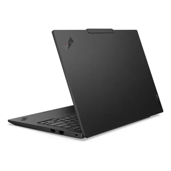Right rear three-quarter perspective view of the closed Lenovo ThinkPad E14 Gen 7 laptop showing the clean finish of the lid cover and robust hinge structure.