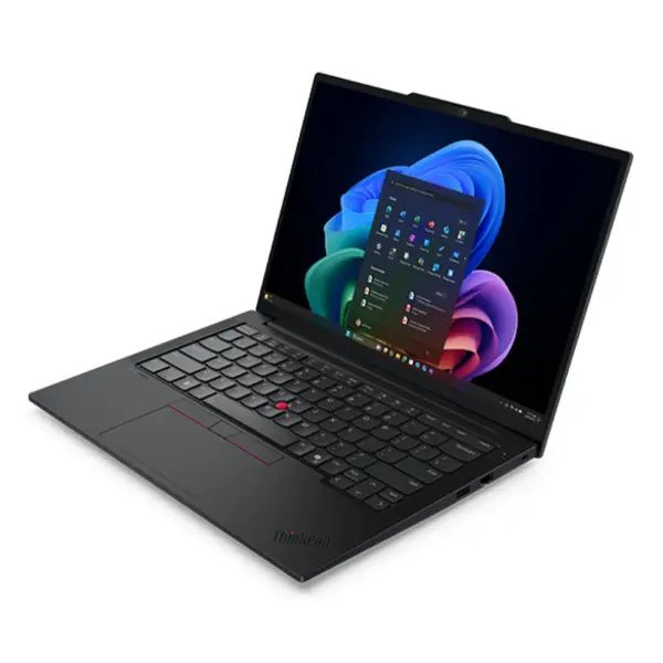 Right high-angle perspective view of the open Lenovo ThinkPad E14 Gen 7 laptop displaying the premium ergonomic keyboard base, red TrackPoint, and clear display.