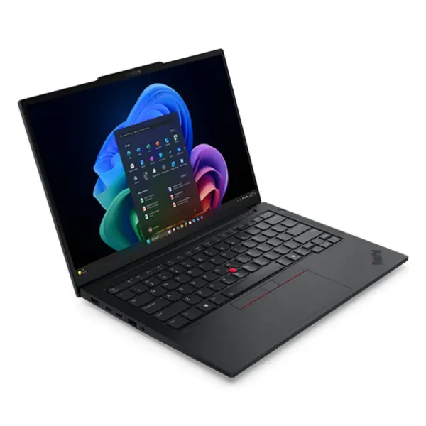 Hero product shot of the open Lenovo ThinkPad E14 Gen 7 14-inch business laptop from a front-left angle, featuring a modern thin-bezel WUXGA display and clean chassis.