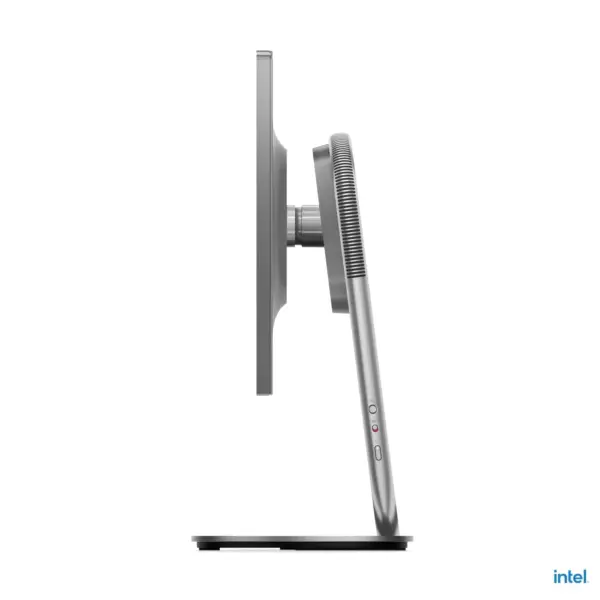Left profile side view of Lenovo Yoga 27IAH10 All-in-One Desktop PC showcasing the ultra-slim monitor screen in a straight vertical position.