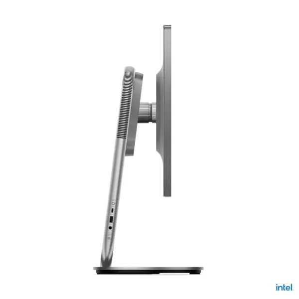 Right profile side view of Lenovo Yoga 27IAH10 AIO PC highlighting the sleek stand architecture, tilt mechanism, and side connectivity ports.