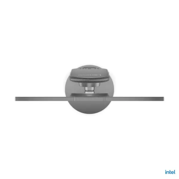 Bird's-eye top view of Lenovo Yoga 27IAH10 All-in-One PC displaying the ultra-thin screen profile and minimalist circular base design.