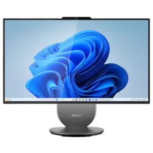 Direct front view of Lenovo Yoga 27IAH10 All-in-One PC on a black background running Windows 11 Home with the signature blue bloom desktop wallpaper.