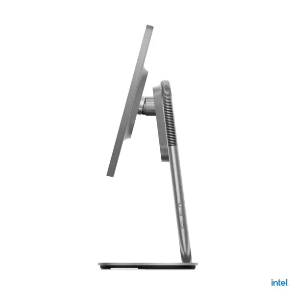 Left profile side view of Lenovo Yoga 27IAH10 All-in-One PC showing the 27-inch QHD display tilted backward on its adjustable ergonomic silver stand.