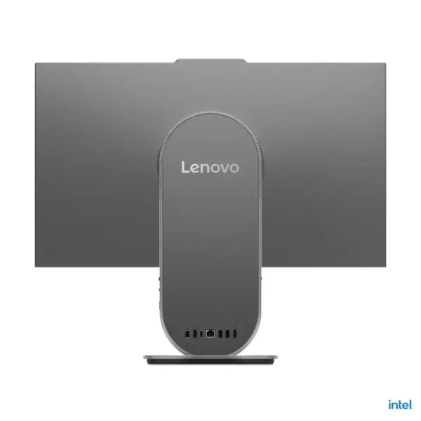 Direct rear view of Lenovo Yoga 27IAH10 All-in-One PC showing the gray metallic back panel, central stand column with Lenovo branding, and bottom I/O ports.