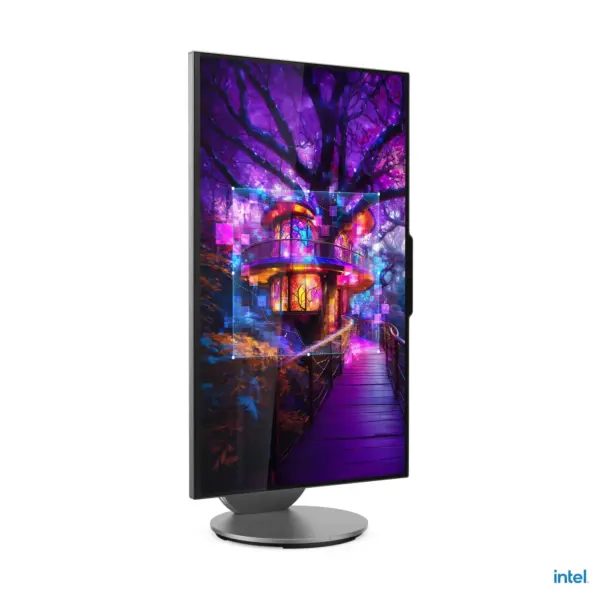 Front perspective view of Lenovo Yoga 27IAH10 AIO PC rotated fully into vertical portrait mode, displaying vibrant neon treehouse digital artwork.