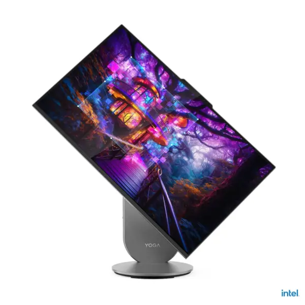 Front view of Lenovo Yoga 27IAH10 27-inch PC showing the screen rotated diagonally to demonstrate its flexible display pivot and adjustment mechanism.