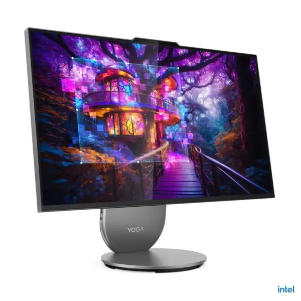 Left perspective landscape view of Lenovo Yoga 27IAH10 All-in-One PC featuring a slim bezel 27-inch display, creative wallpaper, and premium silver chassis.