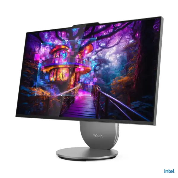 Right perspective landscape view of Lenovo Yoga 27IAH10 All-in-One Desktop PC showcasing the QHD IPS screen display and the YOGA engraved stand neck.
