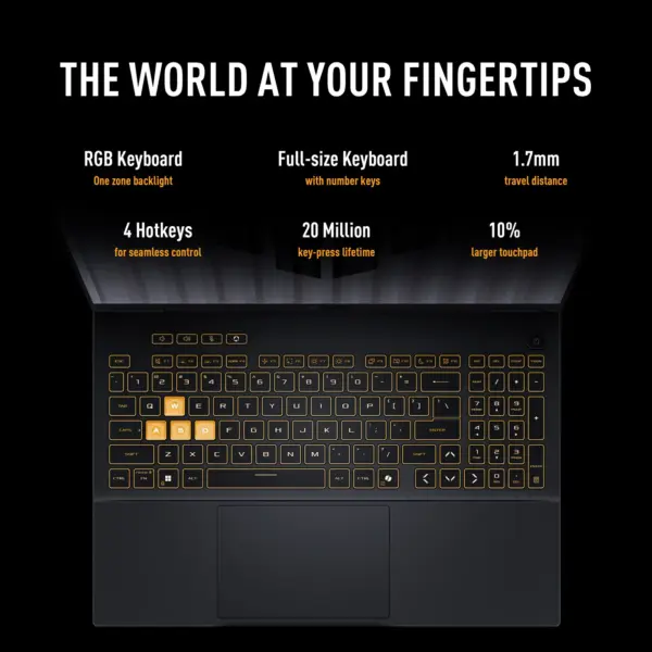 The TUF F16 FX608JMR Gaming Laptop Picture Describing the Features of Keyboard